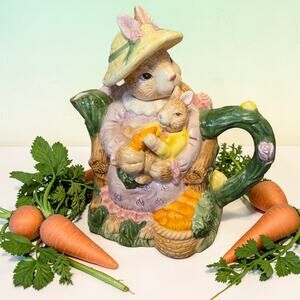 Fitz and Floyd Mother Rabbit Baby Bunny Teapot Omnibus 1993 Handmade 44oz